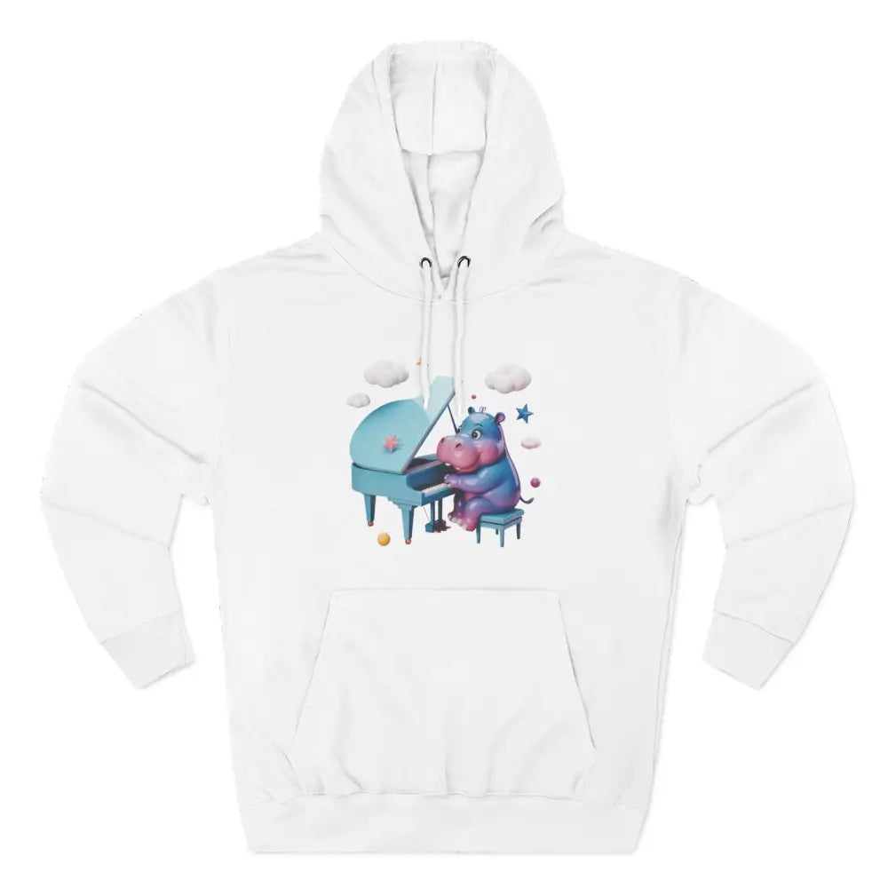 White fleece hoodie with cartoon hippo playing piano, cozy and delightful fleece hoodie for kids