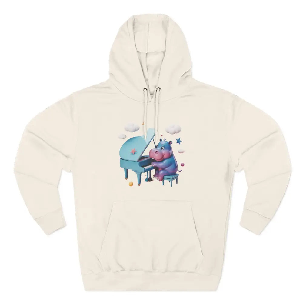 Cream-colored fleece hoodie with a cartoon hippo playing piano, perfect for music lovers