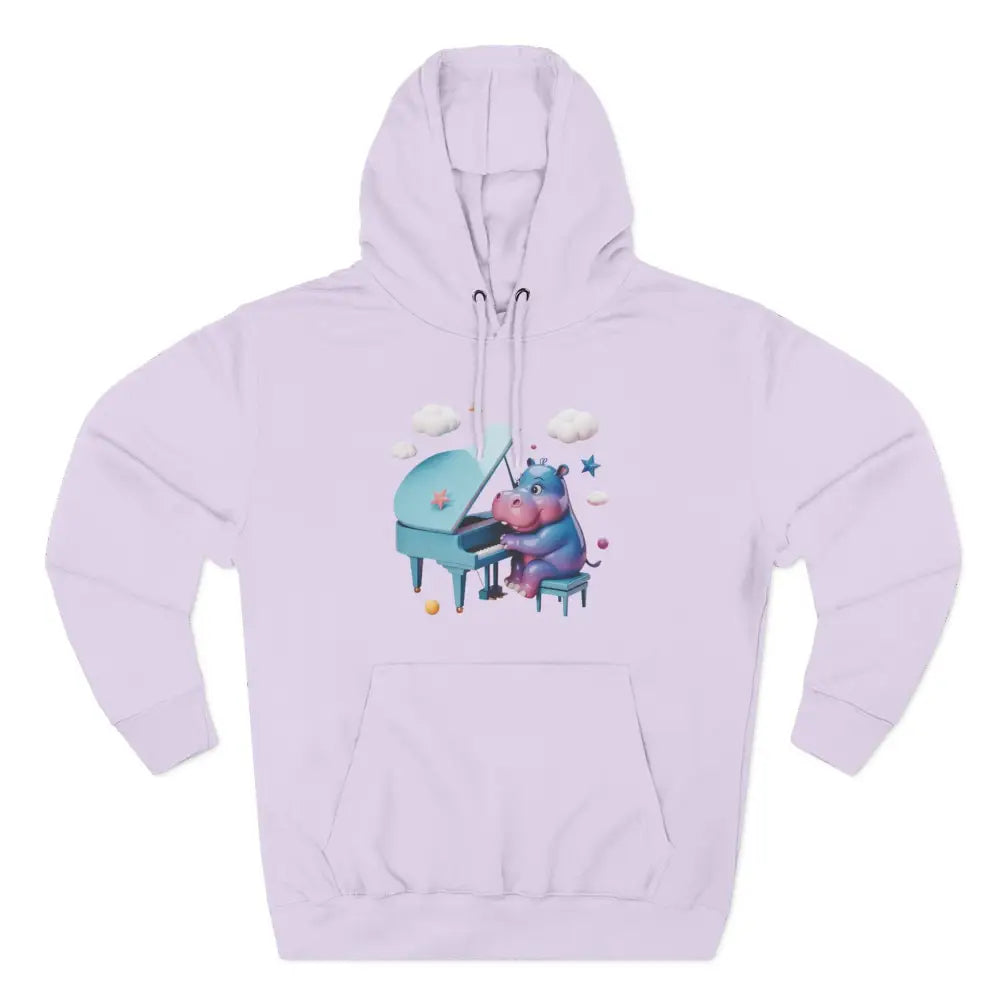Light purple fleece hoodie with a cartoon hippo playing piano, perfect for music lovers