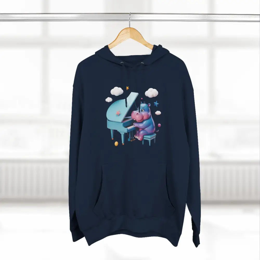 Navy blue fleece hoodie with a cartoon hippo playing piano, perfect for music lovers