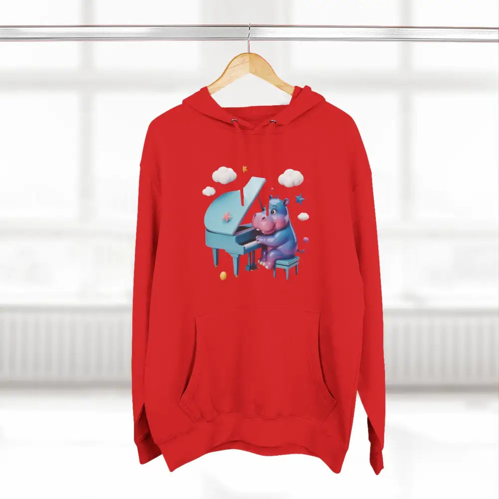 Red hooded fleece hoodie with playful hippopotamus playing piano, perfect for music lovers