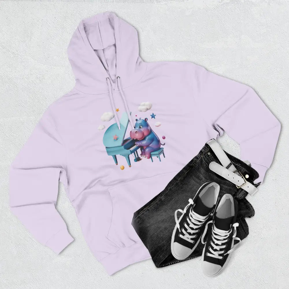 Light purple fleece hoodie with a cartoon hippo playing piano, perfect for music lovers