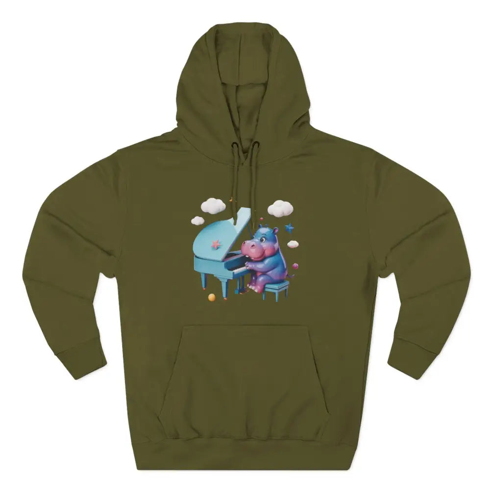 Olive green fleece hoodie with a cartoon hippo playing a light blue piano, cozy and delightful fleece hoodie for kids and teens