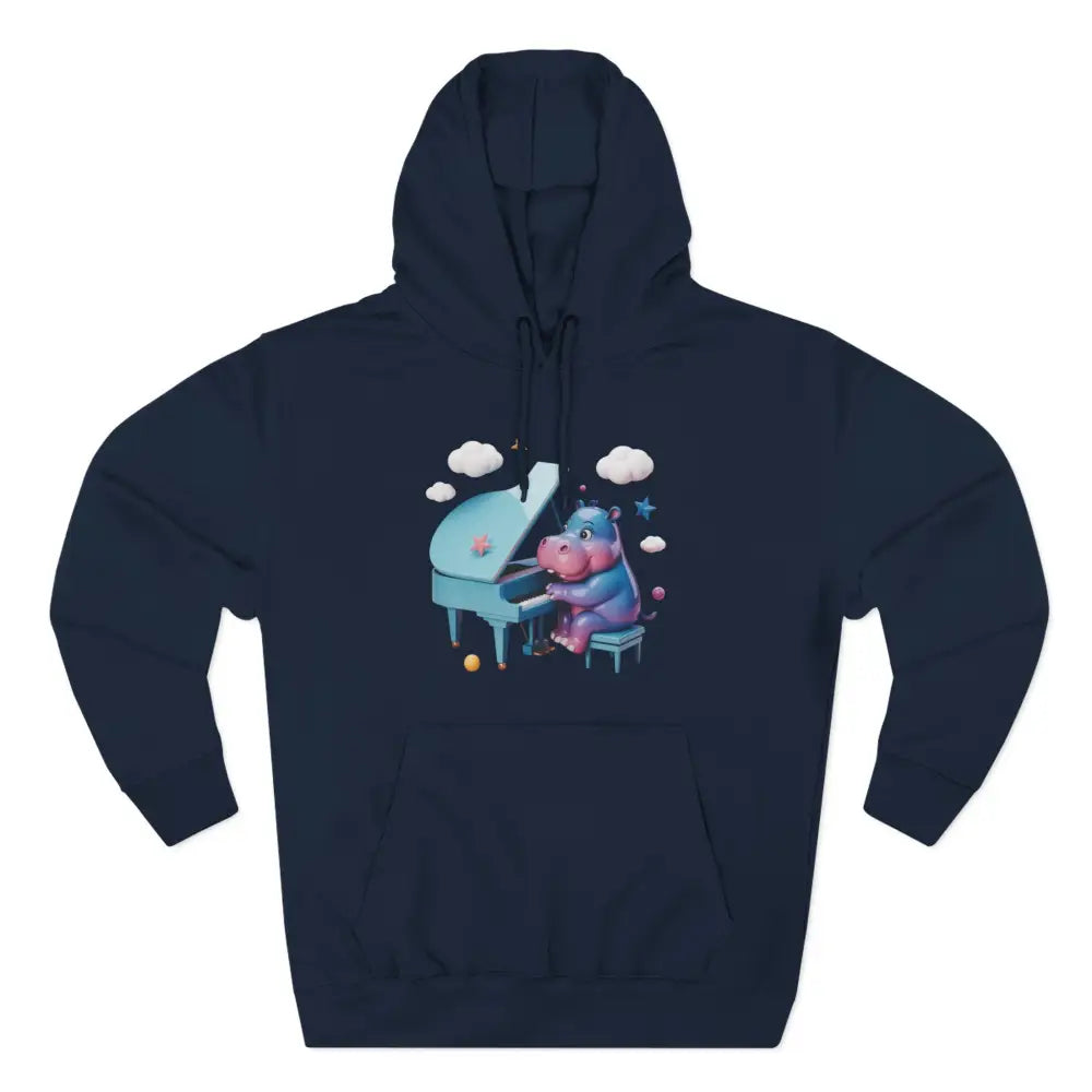 Navy blue fleece hoodie with a cute hippo playing a light blue grand piano, perfect for music lovers