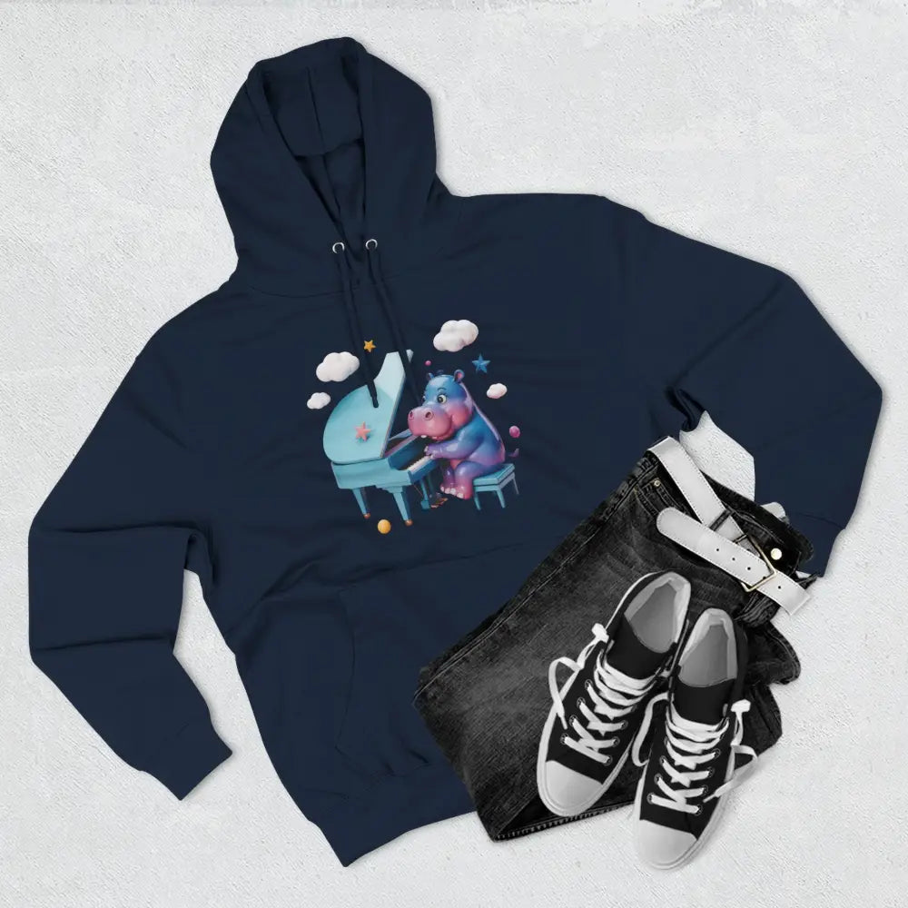 Navy blue fleece hoodie with whimsical hippo playing piano, cozy music lover’s gift