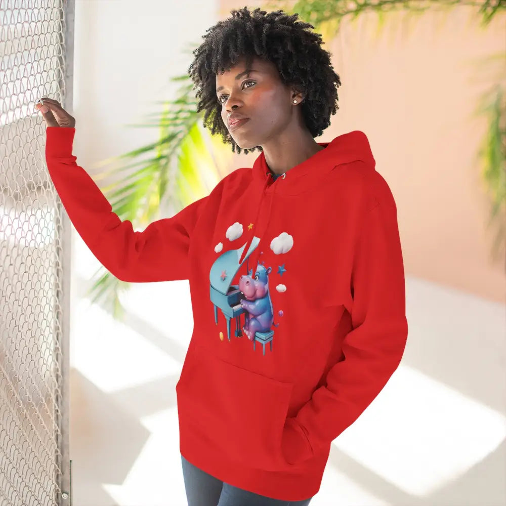 Red fleece hoodie with cute hippopotamus playing piano, perfect for music lovers