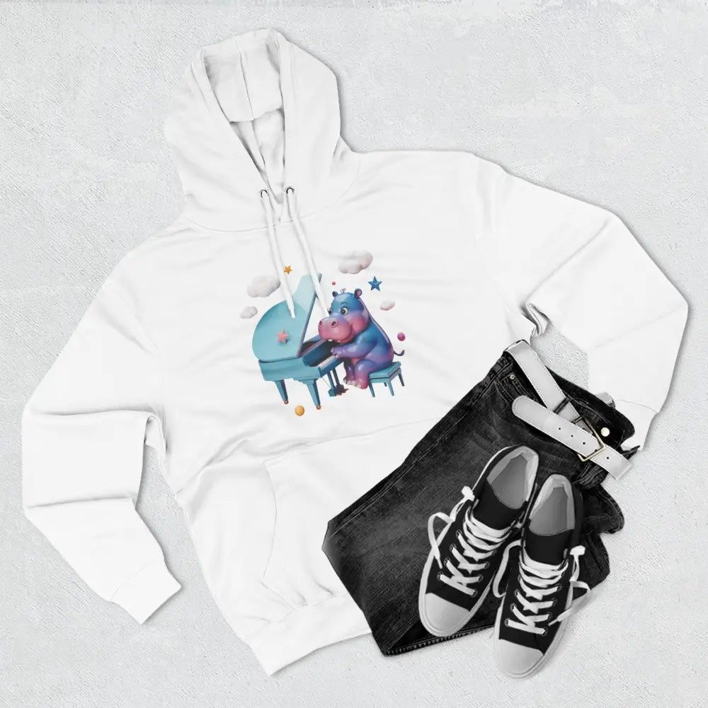 White fleece hoodie with cartoon hippo playing piano, cozy and delightful fleece hoodie for kids and teens
