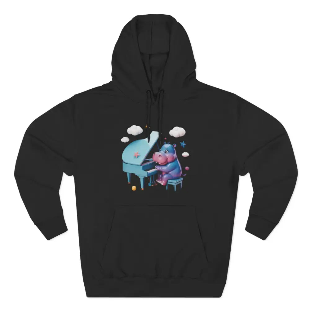 Black fleece hoodie with a cartoon hippopotamus playing a light blue grand piano, cozy and playful