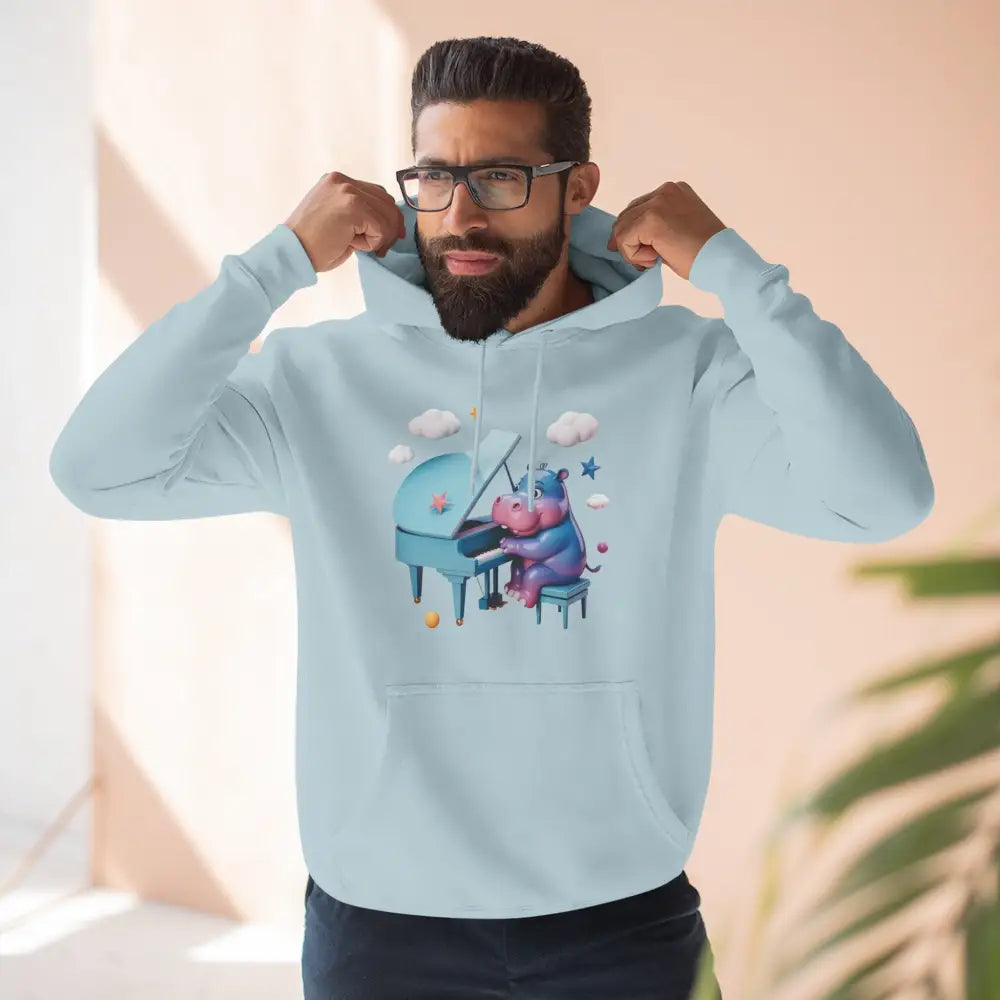 Light blue fleece hoodie with a cartoon hippopotamus playing piano, perfect cozy gift for kids