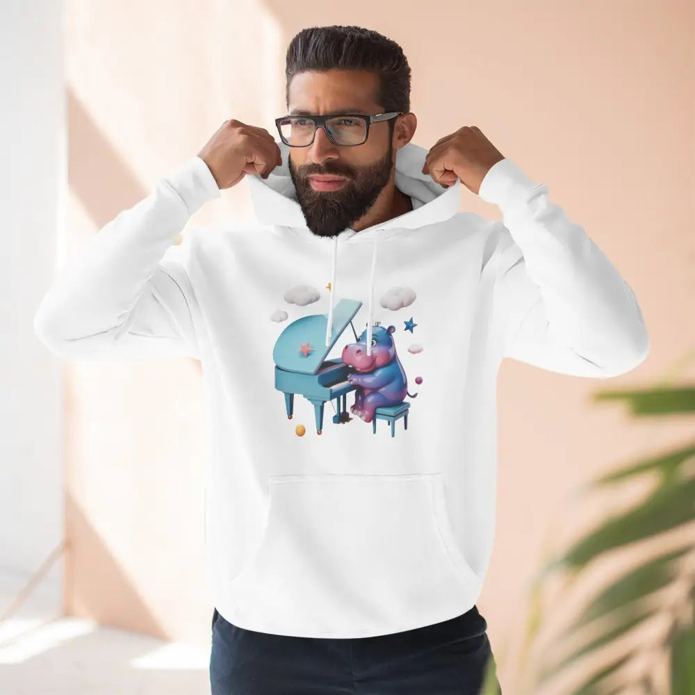 Man modeling a white graphic fleece hoodie with a cartoon hippo playing piano, cozy and delightful fleece hoodie for music lovers