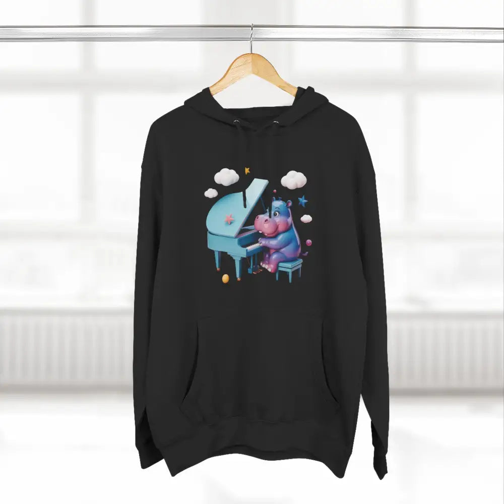 Black fleece hoodie with a cute cartoon hippopotamus playing piano, perfect for kids and teens