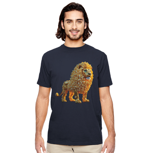 Man wearing Organic Unisex Crewneck T-shirt featuring a lion design from PixiOnyx Whimsical Wilderness