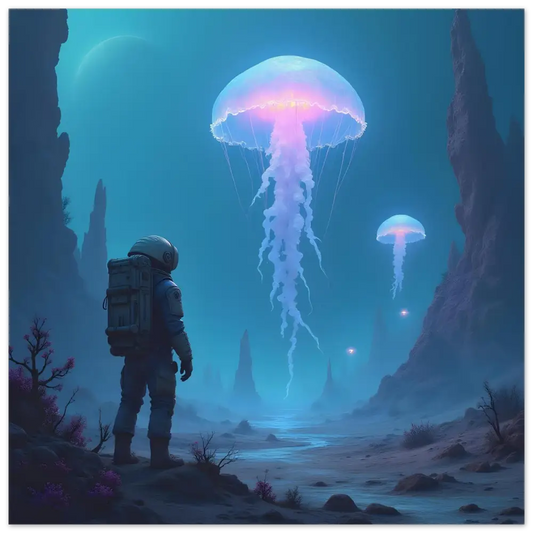 Astronaut observing bioluminescent jellyfish in space-themed PixiOnyx Fine Art Poster