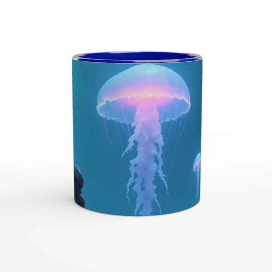 Blue-rimmed mug with jellyfish design from PixiOnyx Cosmic Glow Series