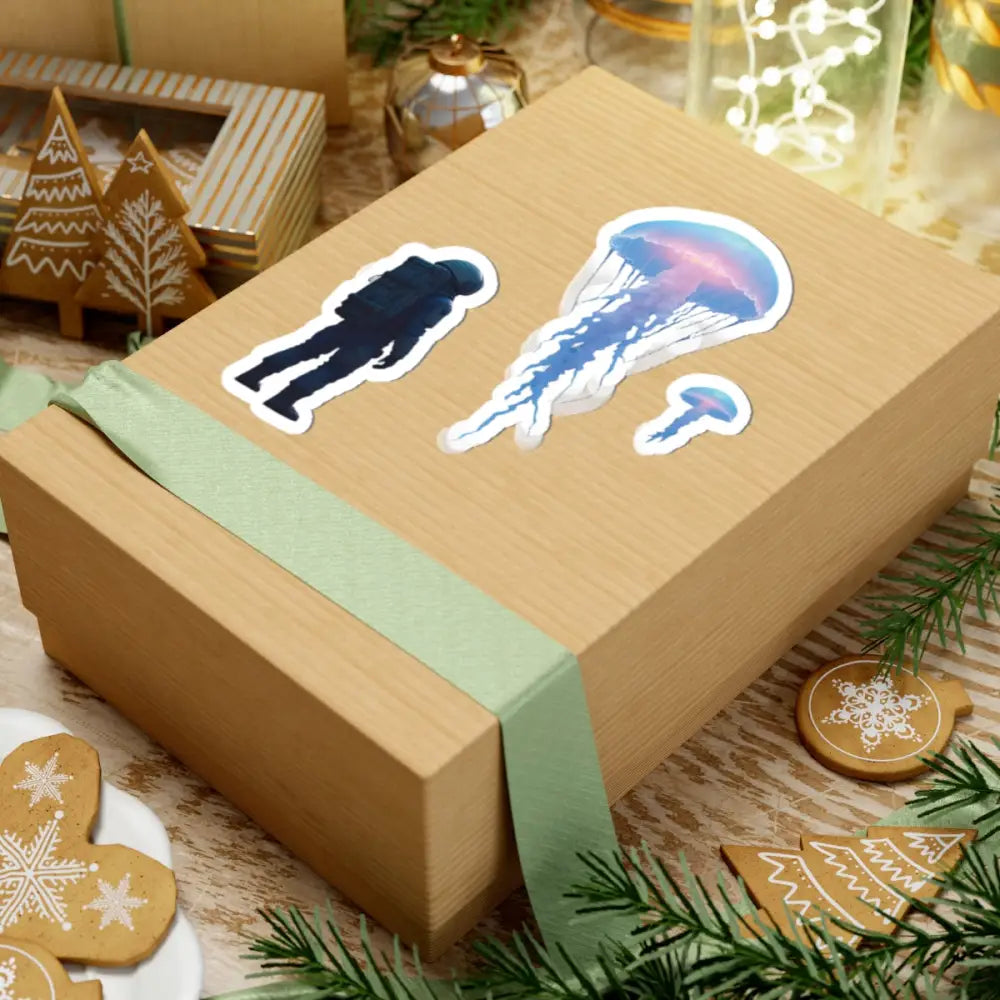 Gift box with colorful space-themed stickers from Deep Drift Encounter Sticker collection