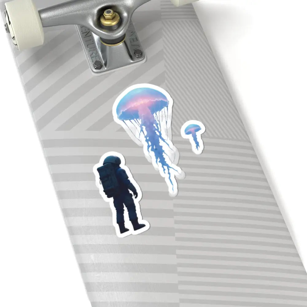 Skateboard with colorful stickers from Deep Drift Encounter Astronaut Meets Jellyfish vinyl