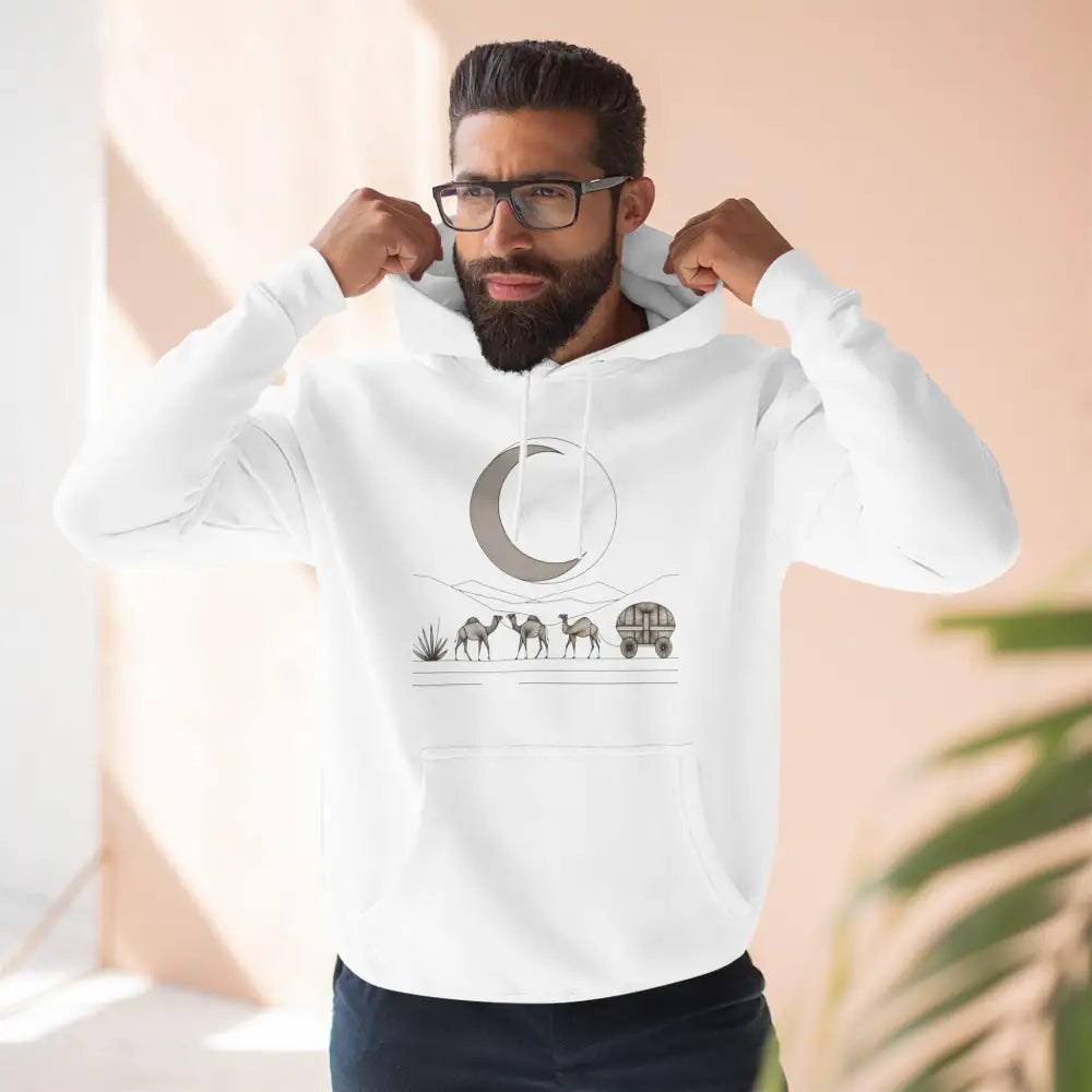 White desert-themed graphic cozy fleece hoodie with kangaroo pouch pocket and soft cotton blend