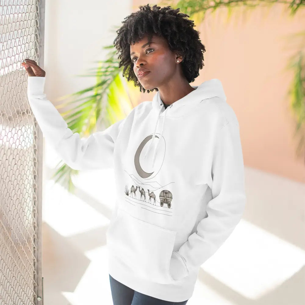 White desert scene cozy fleece hoodie with kangaroo pouch pocket, soft cotton-polyester blend
