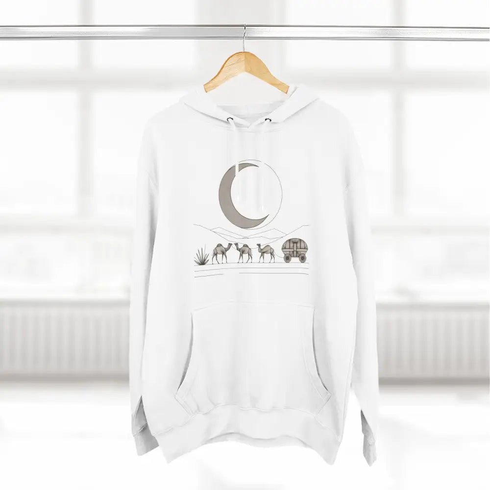 White desert scene graphic cozy fleece hoodie with kangaroo pouch pocket in soft cotton-polyester blend