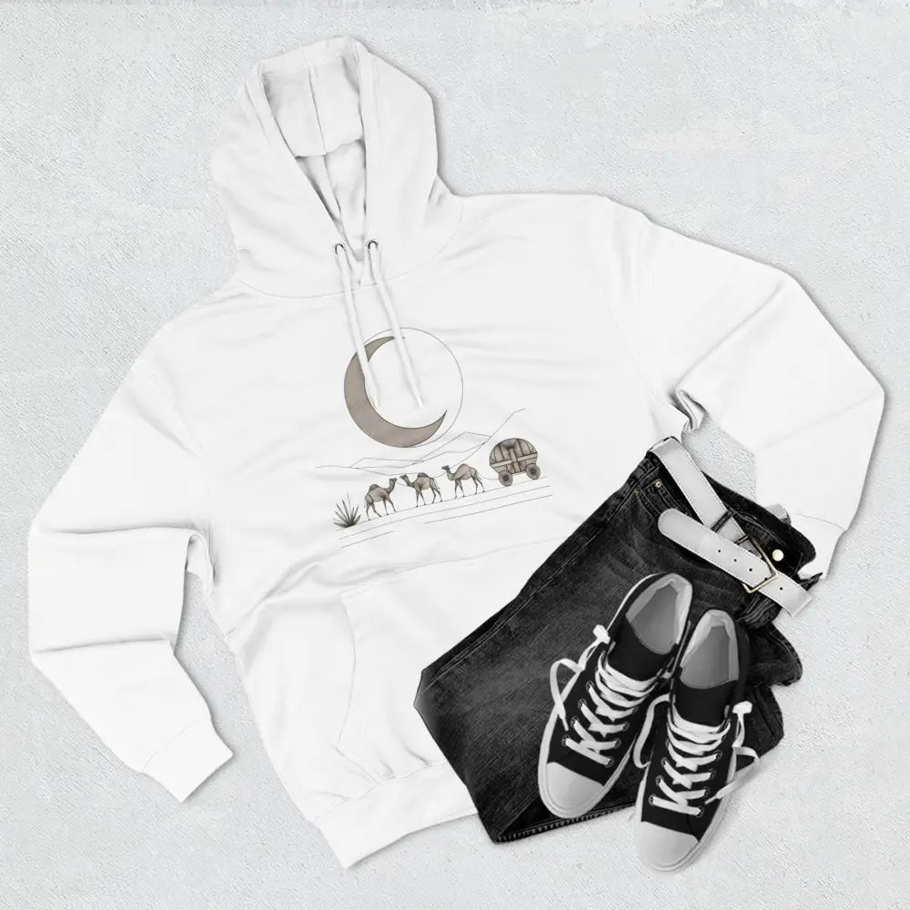 White cozy fleece hoodie with desert caravan graphic and kangaroo pouch pocket