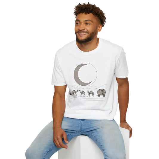 Unisex softstyle T-shirt with crescent moon and camel caravan design, ribbed knit collar