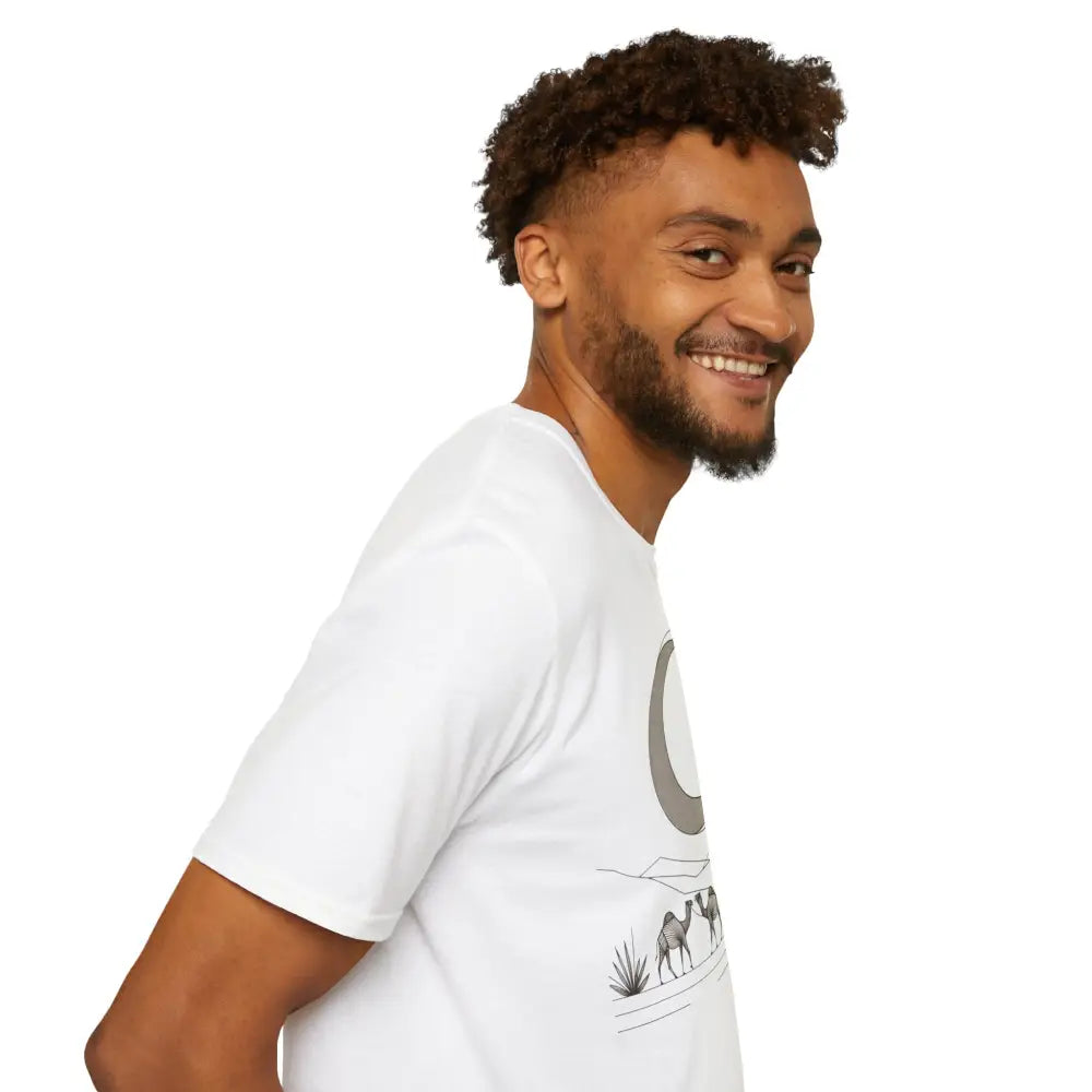 Smiling man in desert-themed unisex softstyle t-shirt with ribbed knit collar and shoulder tape