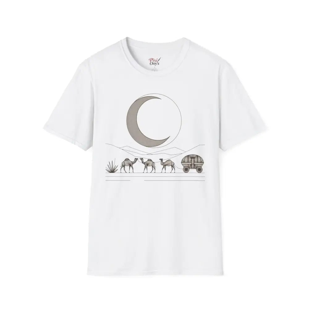 White unisex softstyle t-shirt with desert scene graphic, ribbed knit collar, shoulder tape stabilizes