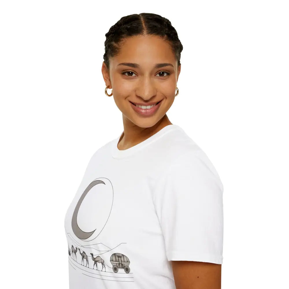 Young woman wearing a white desert scene moon phase unisex softstyle t-shirt with ribbed collar