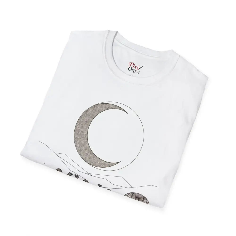 White unisex softstyle t-shirt with crescent moon and mountain graphic, ribbed collar