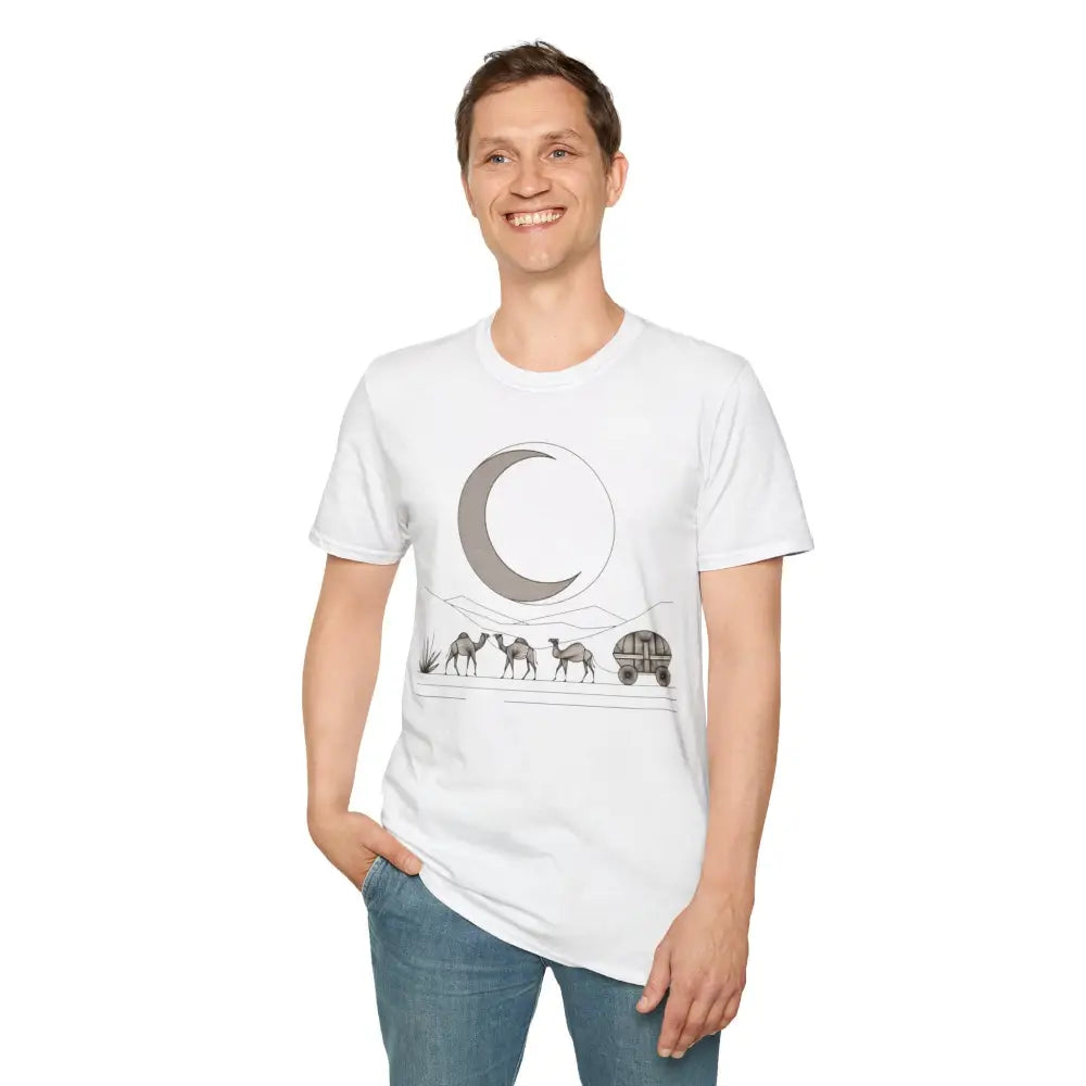 White unisex softstyle t-shirt with desert camels and crescent moon graphic, ribbed collar