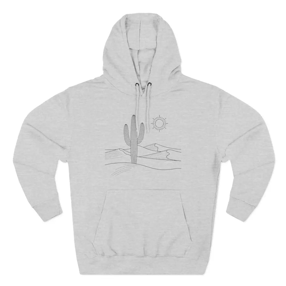 White desert scene unisex hoodie with saguaro cactus art, three-panel fleece, lane seven ls14001