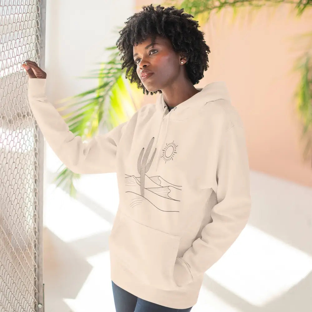 Cream-colored desert scene graphic three-panel fleece hoodie with spacious kangaroo pocket lane seven ls14001