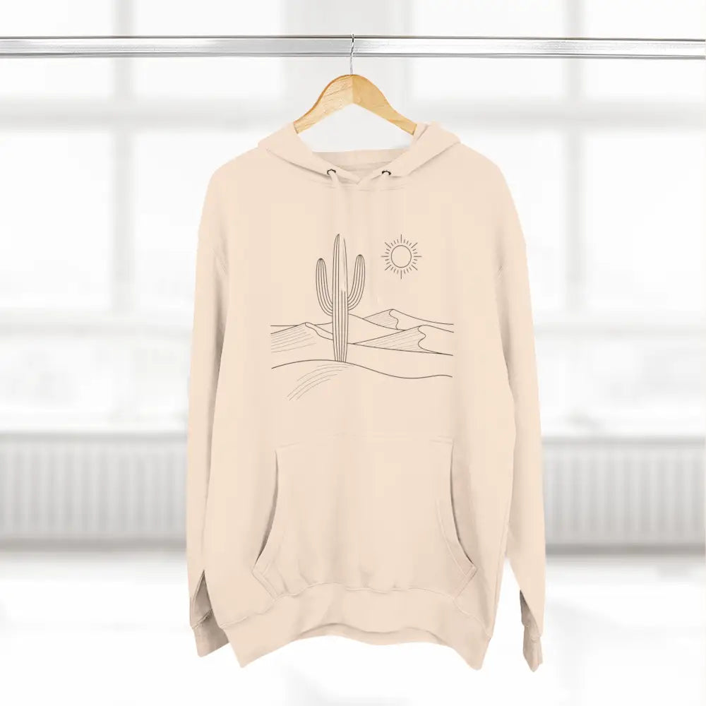 Cream-colored desert scene graphic three-panel fleece hoodie with spacious kangaroo pocket
