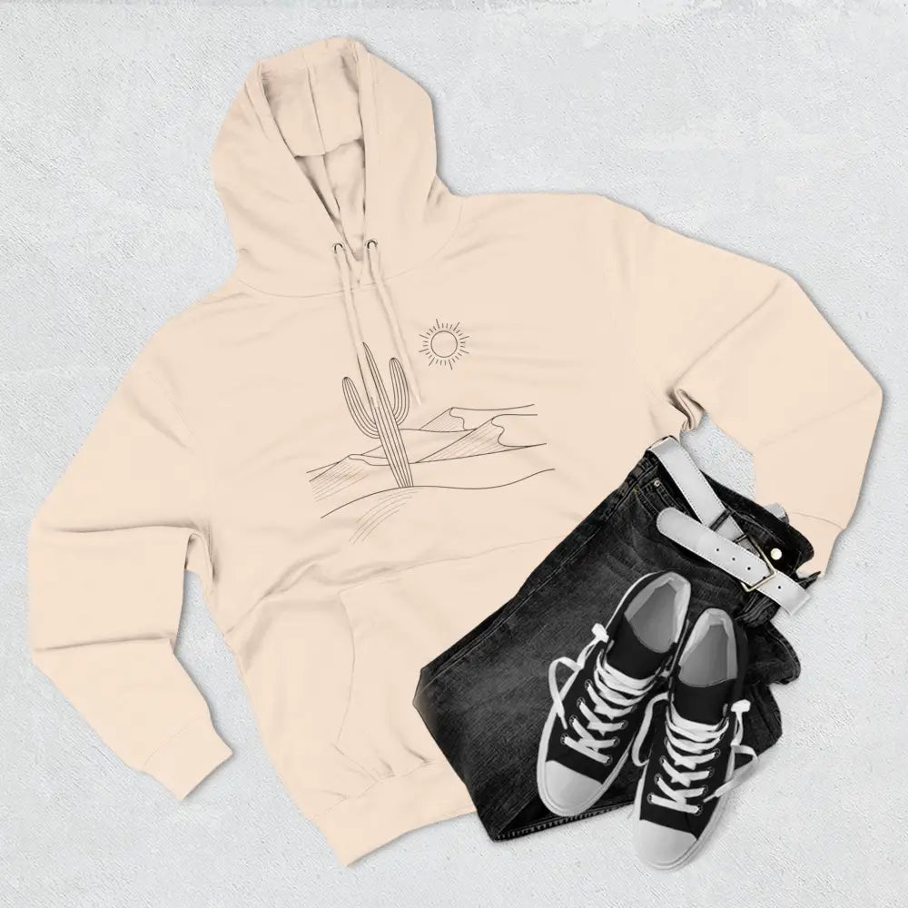 Light peach desert scene outline on three-panel fleece hoodie with spacious kangaroo pocket