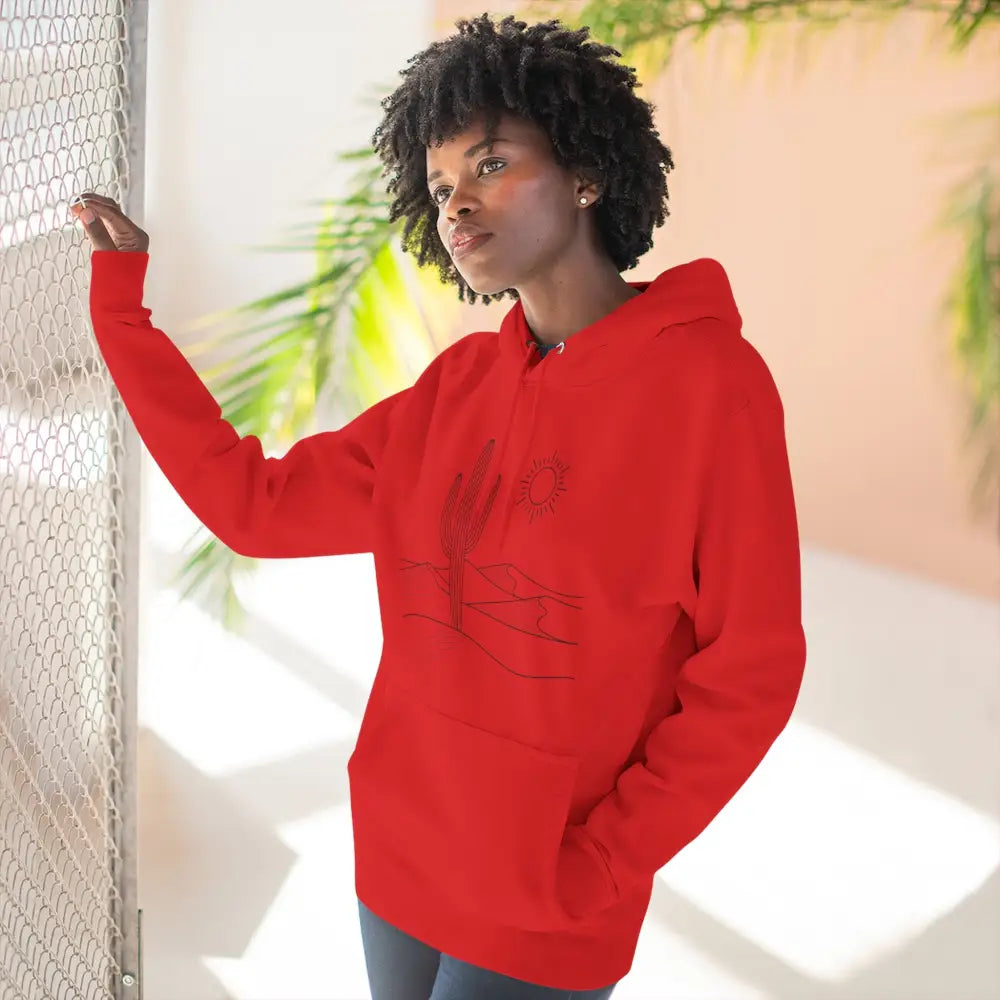 Red hooded sweatshirt with black line art from lane seven ls14001 three-panel fleece hoodie