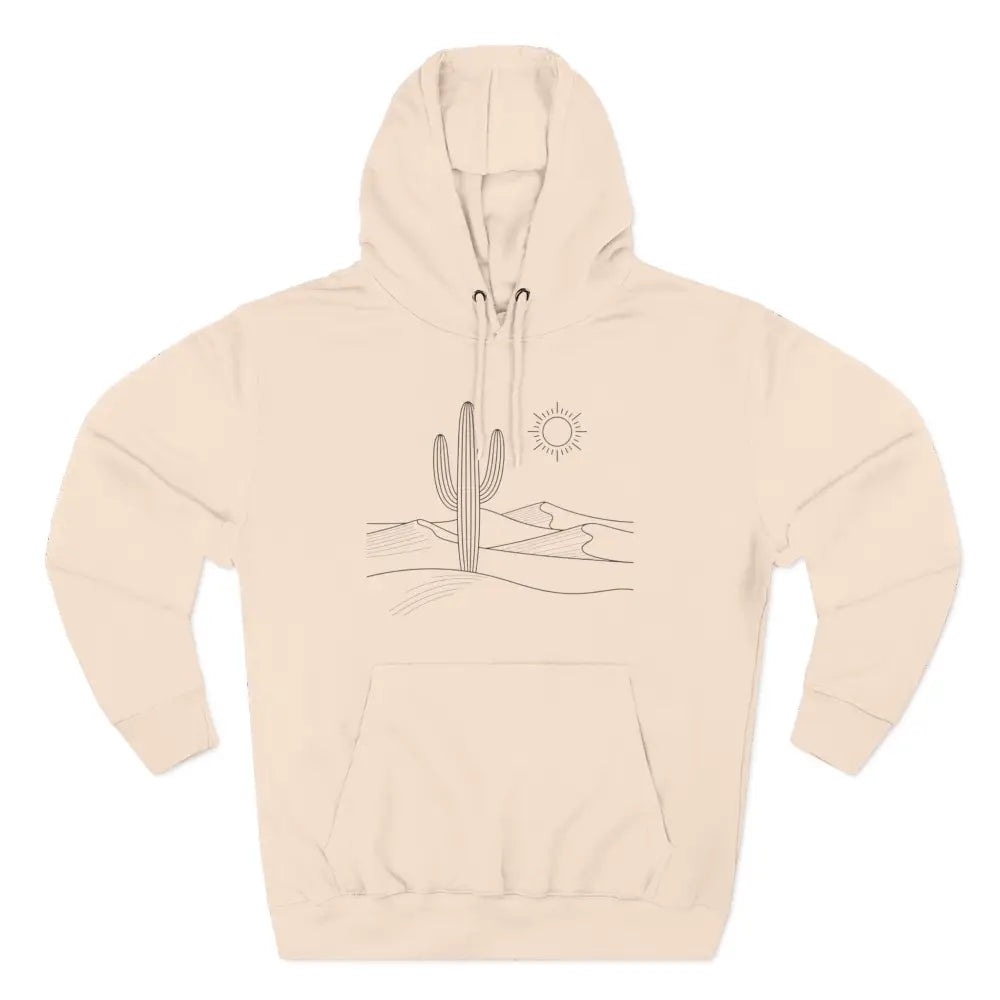 Cream-colored desert landscape line art on three-panel fleece hoodie with spacious kangaroo pocket