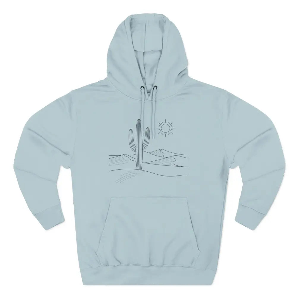 Light blue desert scene graphic on three-panel fleece hoodie with spacious kangaroo pocket
