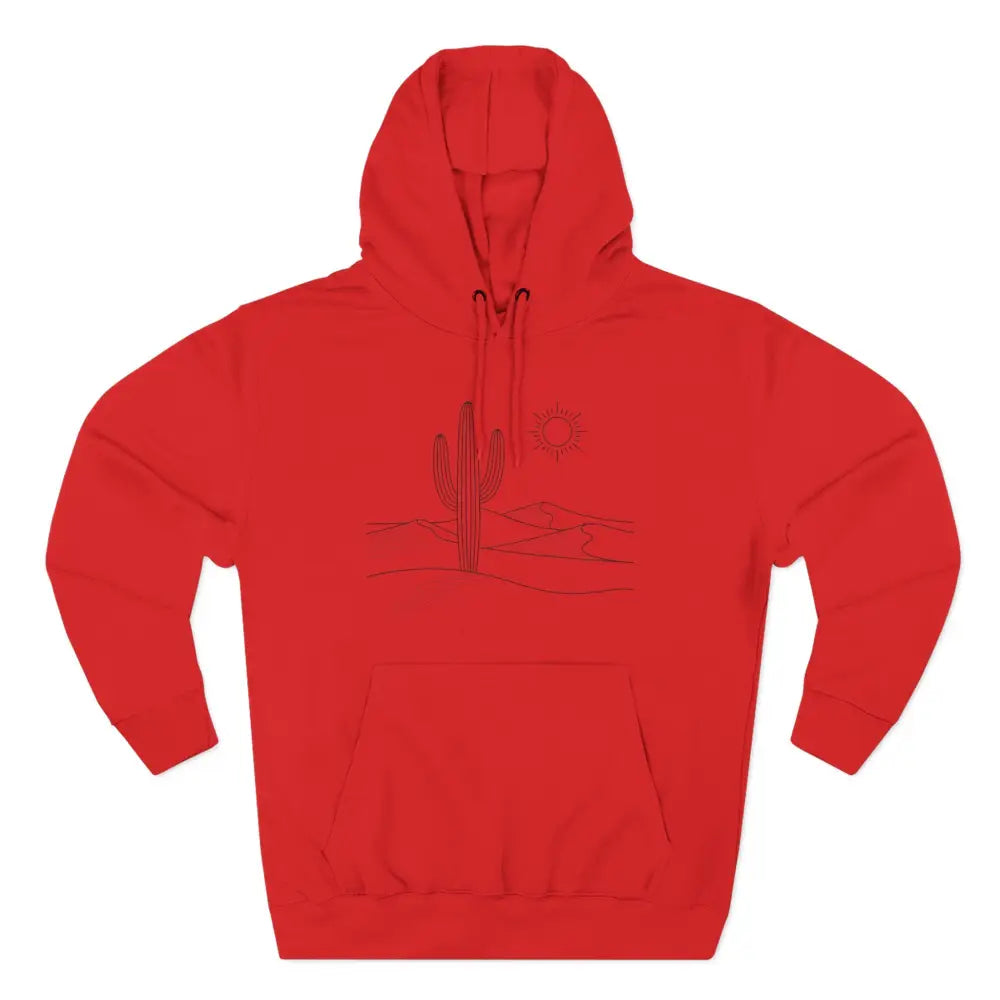 Red hooded sweatshirt with desert landscape graphic, three-panel fleece hoodie, spacious kangaroo pocket, lane seven ls14001