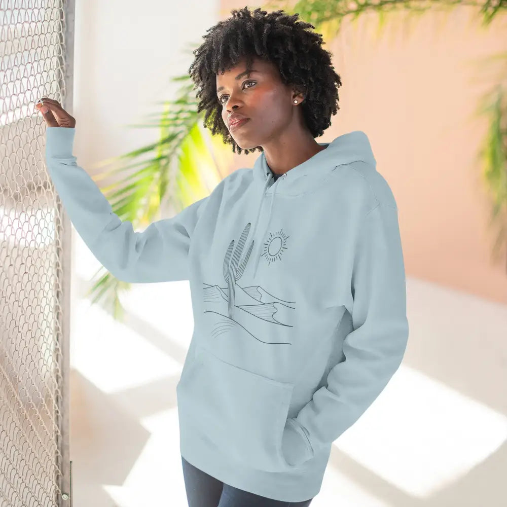 Light blue desert scene graphic on three-panel fleece hoodie with spacious kangaroo pocket