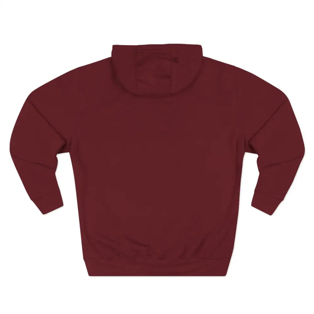 Maroon three-panel fleece hoodie with long sleeves and spacious kangaroo pocket