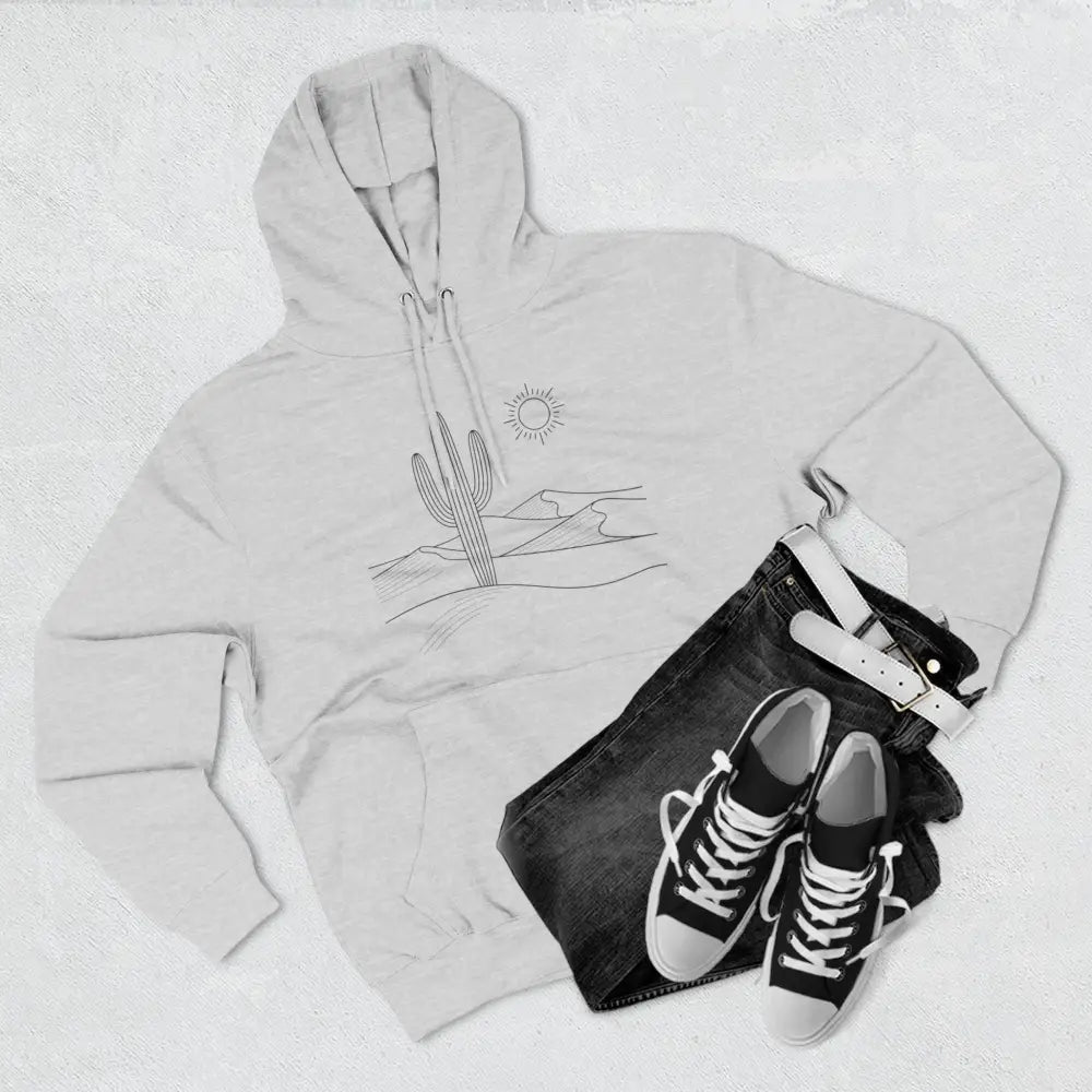 White hooded desert scene graphic three-panel fleece hoodie with spacious kangaroo pocket