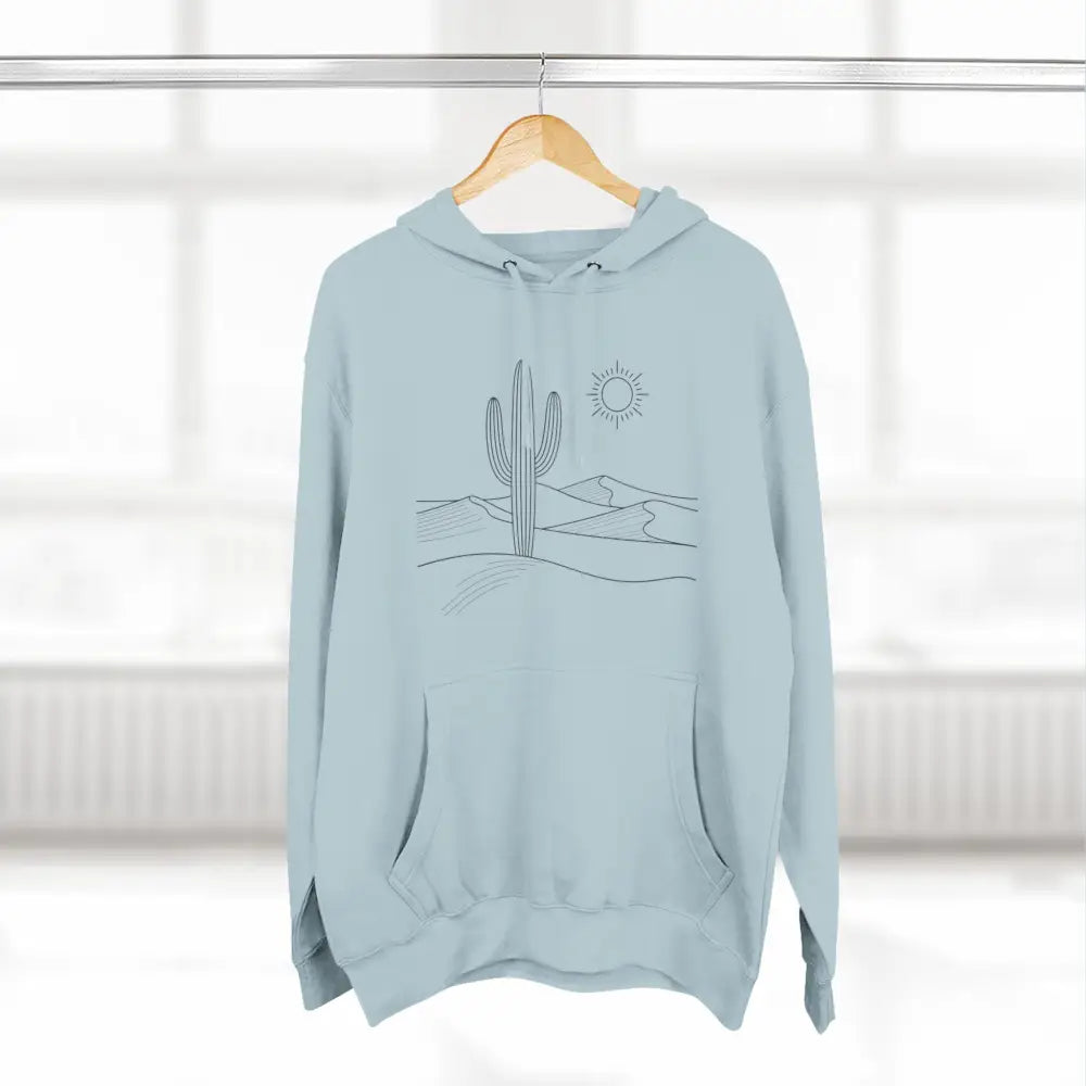 Light blue desert scene three-panel fleece hoodie with spacious kangaroo pocket and lane seven ls14001 branding