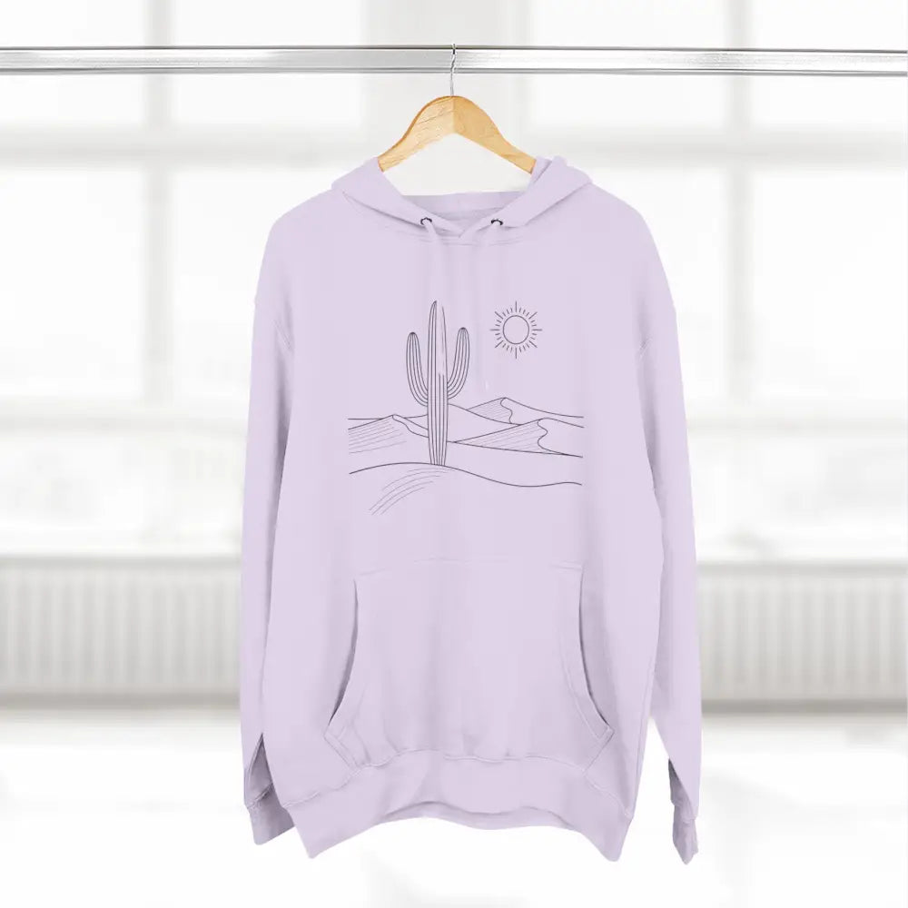 Light purple desert landscape graphic on three-panel fleece hoodie with spacious kangaroo pocket