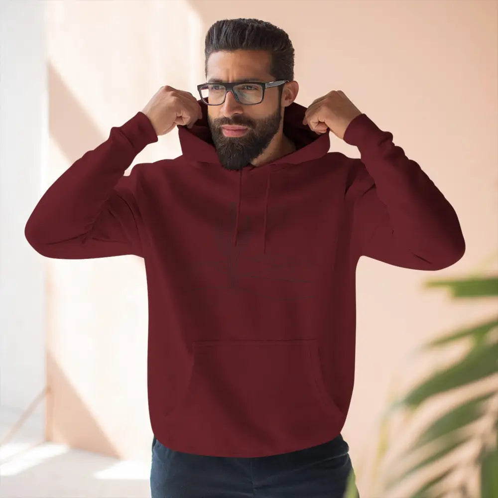 Man in maroon three-panel fleece hoodie with spacious kangaroo pocket from Lane Seven LS14001