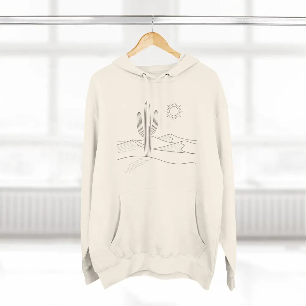 Cream-colored desert scene three-panel fleece hoodie with spacious kangaroo pocket and lane seven ls14001 logo