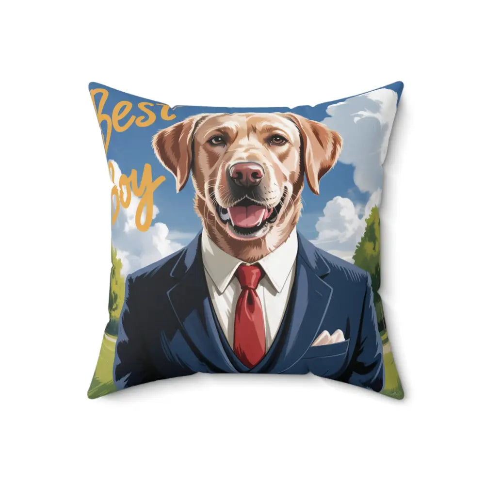 Square decorative pillow cover featuring a golden retriever in a suit for home decor
