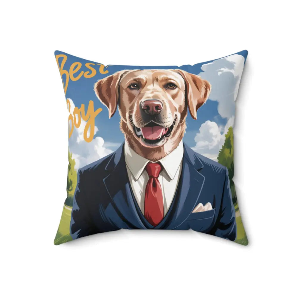 Decorative pillow cover with Labrador retriever in a suit for home decor and pet lover gift