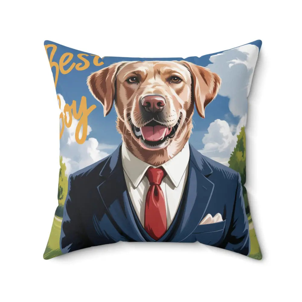 Decorative pillow cover with golden retriever in a suit for home decor and pet lover gift