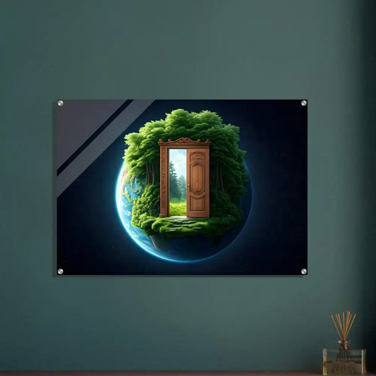 Wall-mounted artwork of a door to nature on a glowing Earth for Door to Earth Acrylic Print