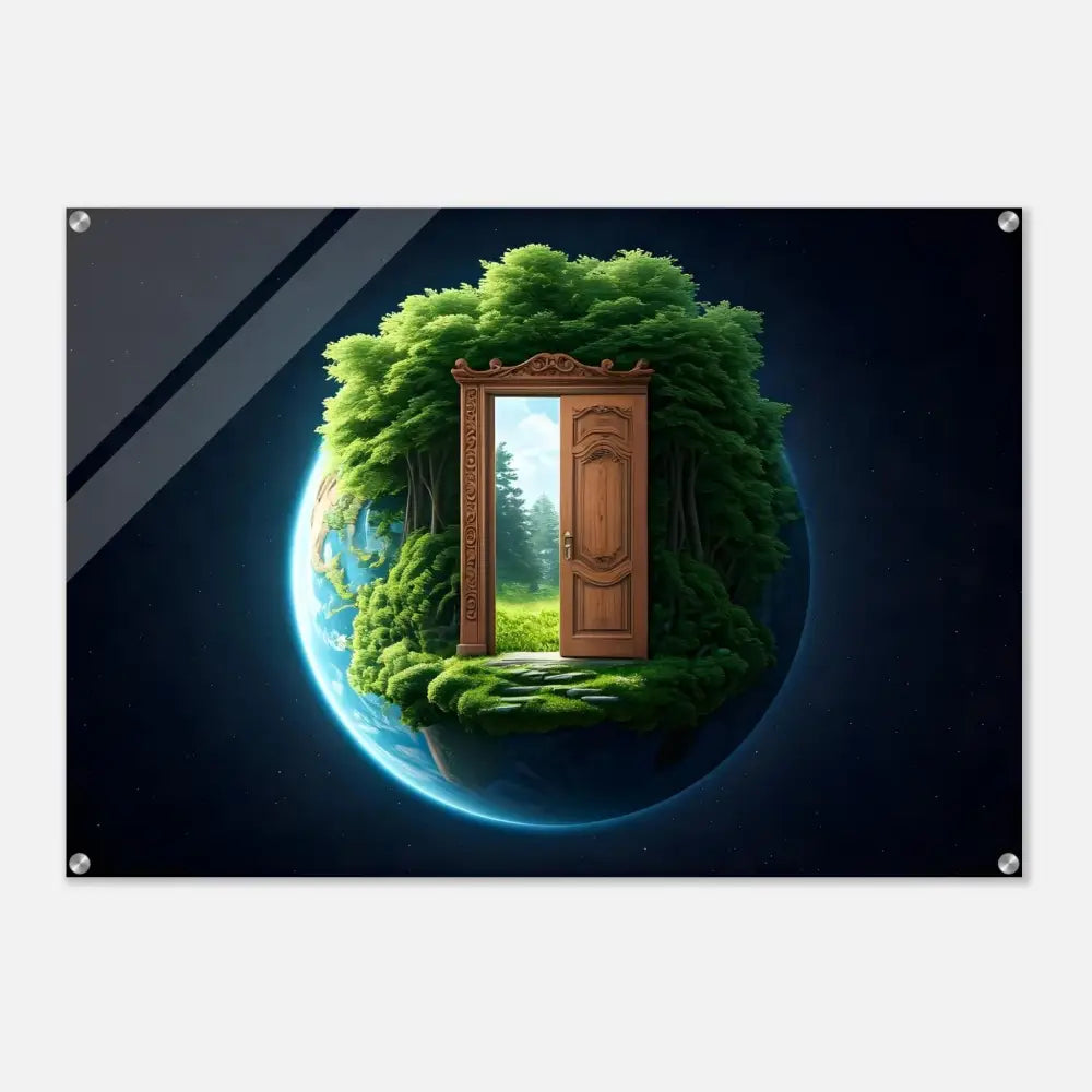 Earth with a doorway leading to a lush forest in the Door to Earth Acrylic Print by PixiOnyx